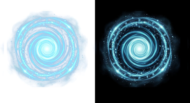 Glowing blue energy portal with swirling magic vortex, ethereal light spiral effect for gaming and fantasy, mystical cosmic nebula circle design isolated on Transparent Background