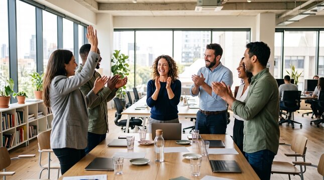 Diverse team celebrating success with applause and high fives in a modern office environment