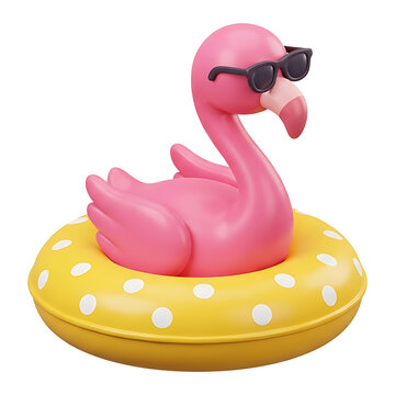 Cool pink flamingo wearing sunglasses sitting inside yellow polka dot pool float, glossy 3D icon for summer, vacation and beach party concepts