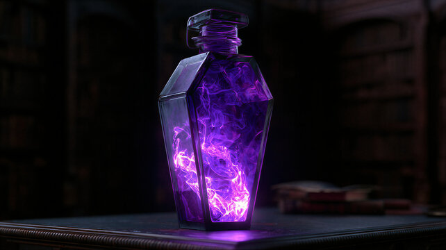 Coffin shaped glass bottle containing glowing purple magic smoke. Mystical potion flask for Halloween decoration. Witchcraft ritual item for fantasy atmosphere and dark mysterious spell.