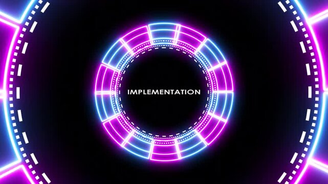 Abstract glowing neon circles with implementation text on dark background footage.