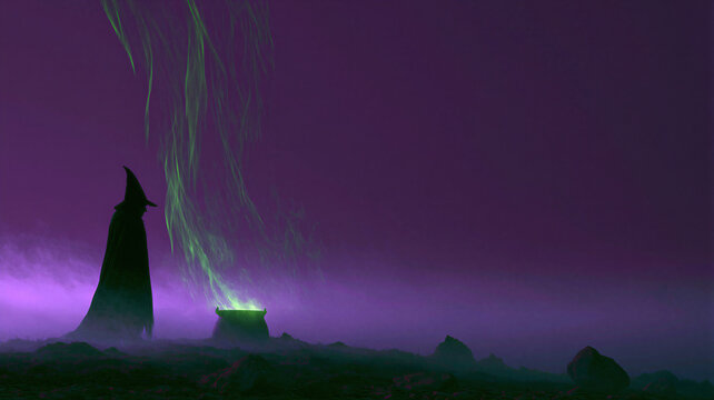 Silhouette of woman witch with hat standing near bubbling magic cauldron at night. Green smoke rising from potion in dark misty landscape. Scary atmosphere for Halloween holiday.