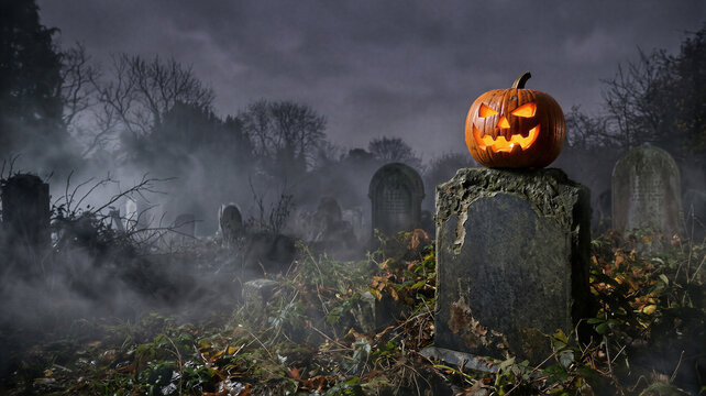 Glowing jack o lantern pumpkin on tombstone in foggy cemetery at night. Spooky Halloween scenery with eerie mist in graveyard. Holiday concept for seasonal celebration and mystery.