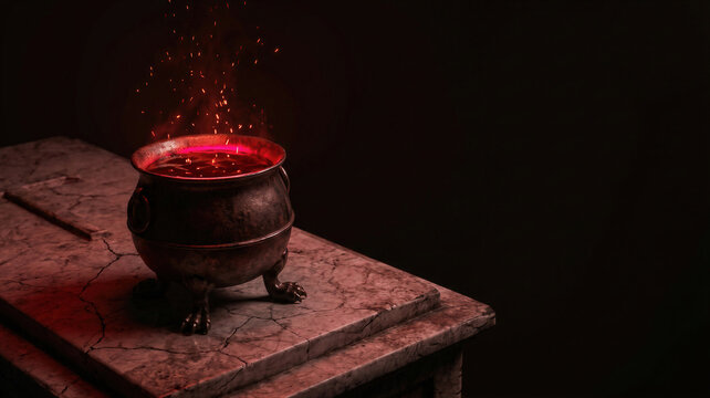 Iron cauldron with glowing red liquid and sparks on marble table. Fantasy witchcraft pot for magic potion brewing. Mystical atmosphere for halloween celebration and dark ritual theme.