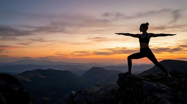 Silhouette of a woman in warrior yoga pose standing on a mountain peak at sunset, arms extended, practicing mindfulness and fitness outdoors.