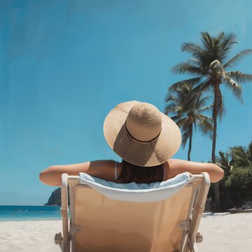 Woman in Hat Relaxing on Tropical Beach Vacation