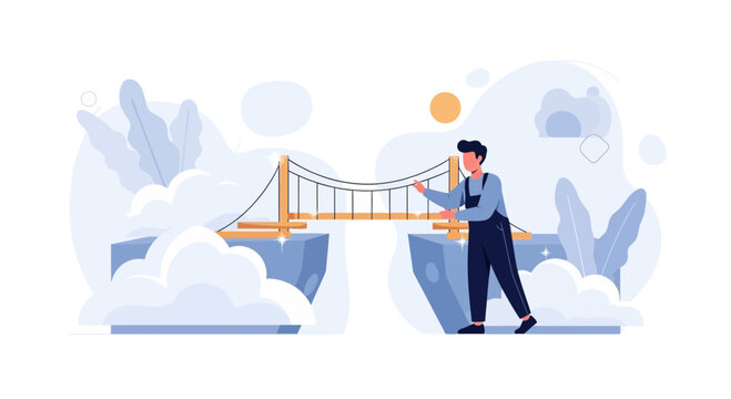 Man Building Suspension Bridge Between Islands, Symbolizing Connection, Progress, and Solutions