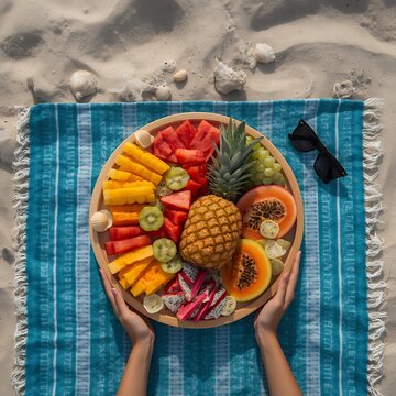 Overhead View of Tropical Fruit Platter on a Beach Towel
