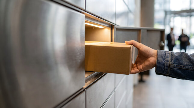 Hand placing cardboard package into secure delivery locker in modern urban setting