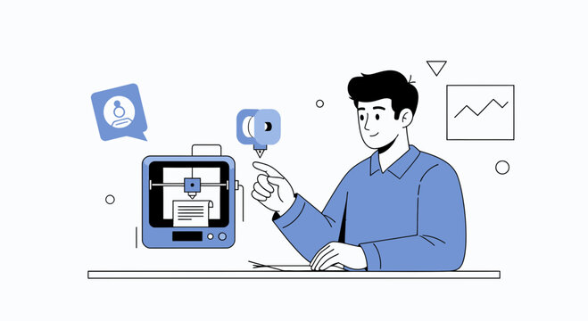 Man operating 3D printer with filament spool and user icon, representing prototyping and innovation in design and technology.