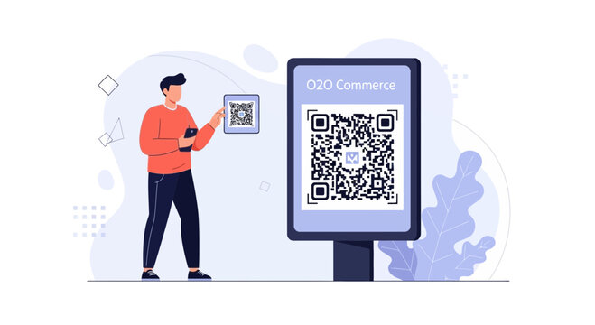 Man Scanning QR Code on Digital Display for O2O Commerce, Online to Offline Shopping