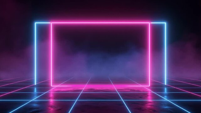 Pink neon frame on cyber grid floor. Futuristic glowing stage background with blue lights.