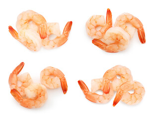 Obraz premium Tasty shrimps isolated on white, set. Top view
