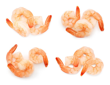 Tasty shrimps isolated on white, set. Top view