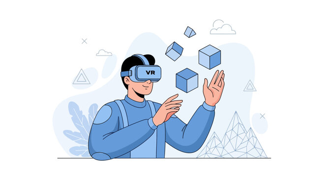 Man wearing VR headset interacting with floating cubes, representing virtual reality technology and immersive experiences.