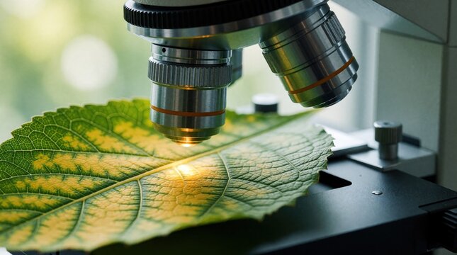 Microscope lens focuses on green leaf sample in lab. Scientist performs biological research using high tech equipment. Close up view shows plant texture, veins under bright light. Scientific study of