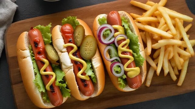 Three hot dogs with fries on wooden board. Classic fast food flat lay with mustard, pickles and onions.