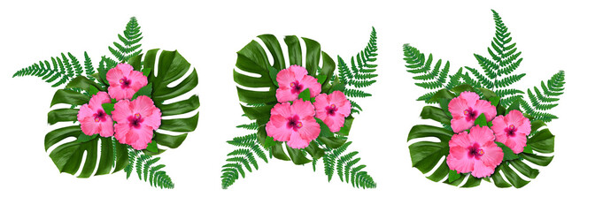 Hibiscus flowers and green tropical leaves in floral compositions on white background, set © New Africa