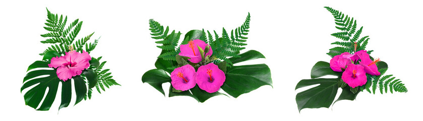 Floral compositions with hibiscus flowers and green tropical leaves on white background, set © New Africa
