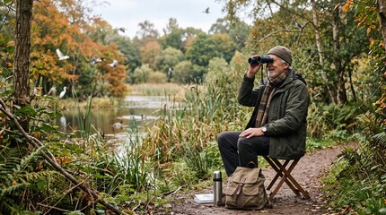 Fototapeta premium Elderly man birdwatching with binoculars by a lake in autumn forest