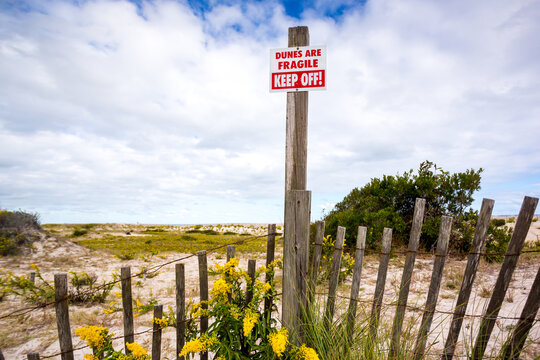 A Keep Off sign and fence on fragile sand dunes