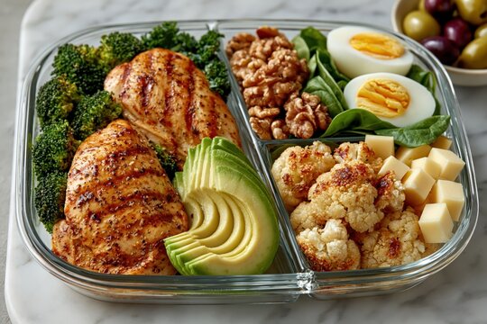 Keto meal prep container with grilled chicken and vegetables