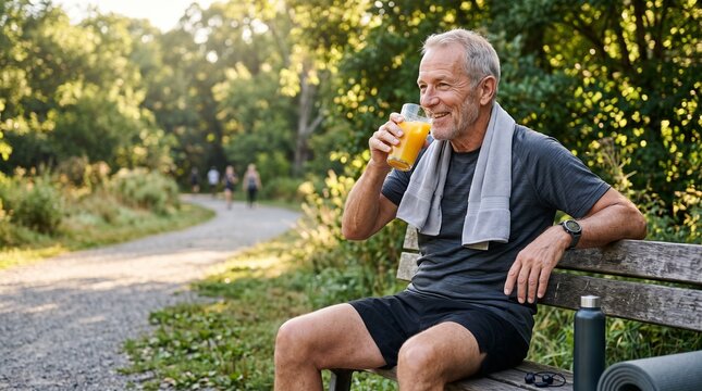 Elderly man drinking orange juice on a park bench after exercising with a towel around his neck