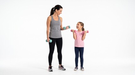 Obraz premium Mother and daughter exercising together with dumbbells, smiling and looking at each other in a studio setting