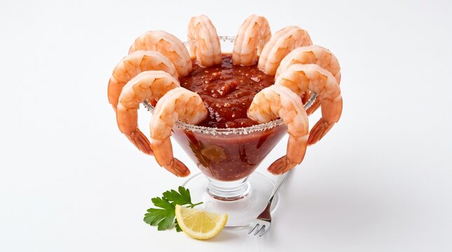 Appetizer Shrimp Cocktail with Zesty Cocktail Sauce and Lemon Wedge Garnished with Parsley