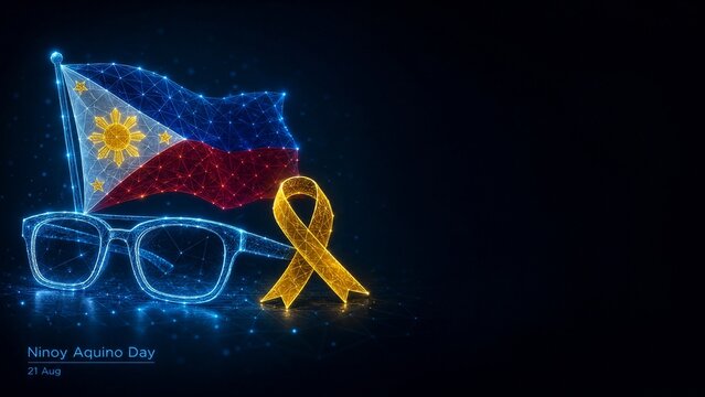 Ninoy Aquino Day Low Poly Wireframe Glasses Yellow Ribbon