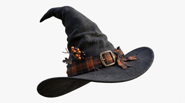 A detailed black witch hat with orange plaid ribbon and berries for Halloween