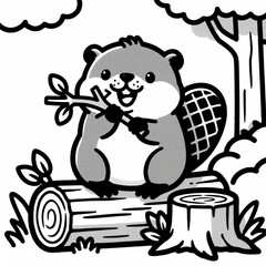 Obraz premium Cute cartoon beaver sits on log eating branch. Adorable woodland animal illustration for children, simple outline art. Happy beaver enjoying nature outdoors.