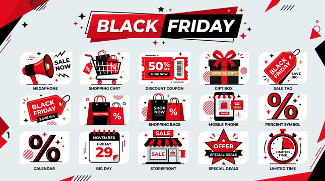 Professional Black Friday Sale Vector Illustration Set with Shopping Cart Discount Coupons and Promotional Icons for Commercial Marketing