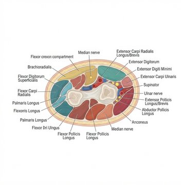 Detailed illustration shows the muscle compartments of the forearm, focusing on specific muscle groups and nerve pathways relevant to sports injuries.