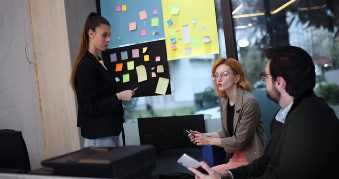 Team meeting at office discussing project ideas with sticky notes and presentations during the day