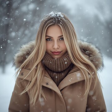 Beautiful Young Woman Enjoying a Gentle Winter Snowfall Outdoors