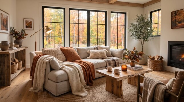 A cozy and inviting living room featuring a plush sectional sofa adorned with warm blankets and decorative pillows, a rustic wooden coffee table.