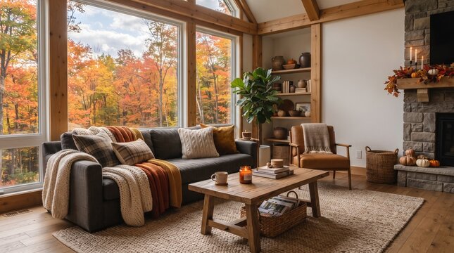 Cozy living room with large windows overlooking vibrant autumn foliage, featuring comfortable sofa, rustic coffee table, and a stone fireplace.