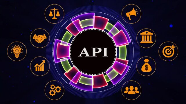 Business api concept showing digital interface with networking icons in motion.