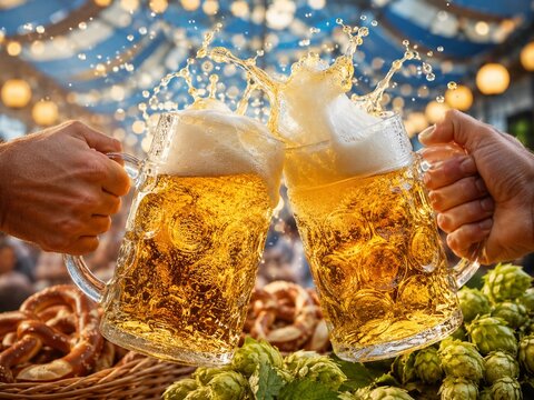 Oktoberfest Beer Mugs Clinking with Golden Splash