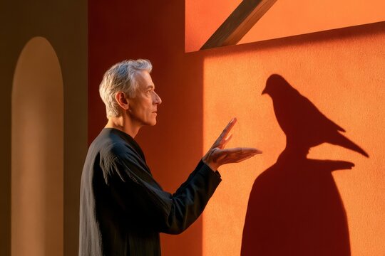 Man making a bird shadow puppet with his hands on an orange wall, creative silhouette portrait