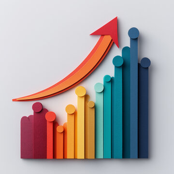 Colorful paper cutout column graph with rising arrow for team growth and business progress, 팀 성장과 비즈니스 진보를 상징하는 입체 컬러 그래프와 상승 화살표