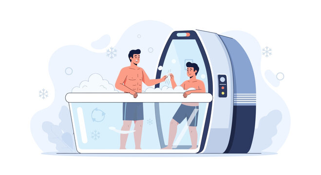 Two men enjoying a modern cryotherapy session and hot tub spa experience, promoting wellness and recovery