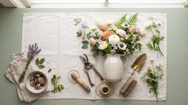 A beautiful flat lay showcases a charming floral arrangement with an assortment of garden tools and materials, perfect for inspiring hobbyists and creators.