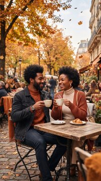 A happy couple shares a romantic moment over coffee at an outdoor Parisian cafe, surrounded by the vibrant autumn foliage and the charming city architecture.