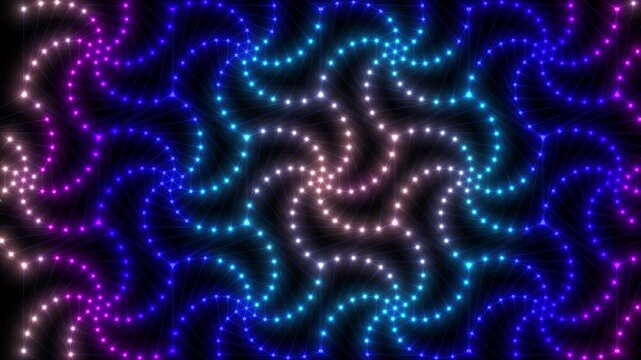 Geometric spirals with glowing lights, seamless loop. Hypnotic animated hexagon pattern. Spirituality, sacred geometry concept.