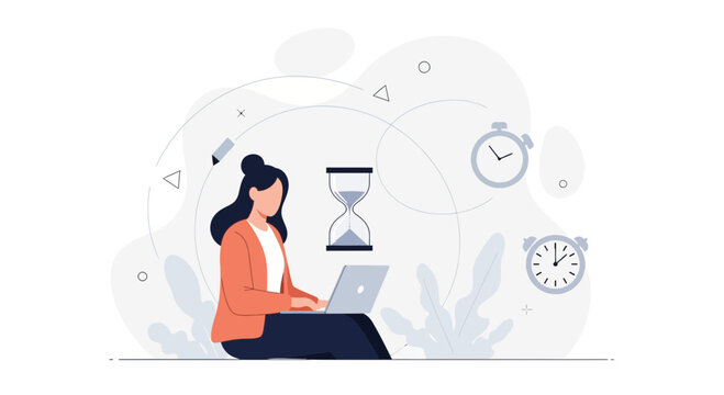 Woman working on laptop with hourglass and clocks, representing time management and productivity. Modern flat illustration style.