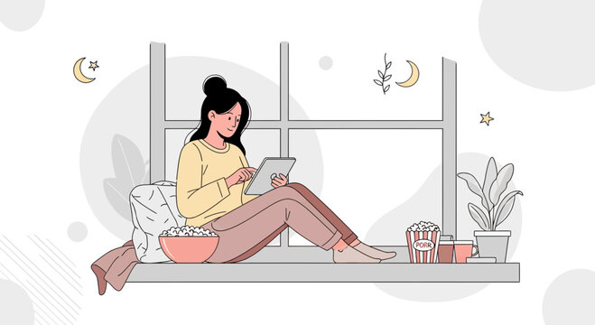 Young woman relaxing by window at night with tablet, popcorn, and cozy atmosphere
