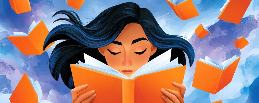 A stylized portrait of a woman lost in reading with books floating and imagination taking flight