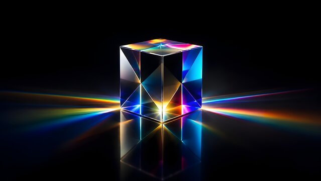 Abstract glass cube prism refracting rainbow spectrum light rays on dark background